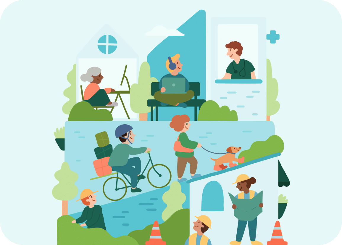 illustrated collage of people doing different daily activities